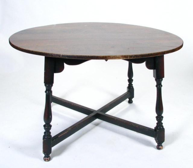 Appraisal: Antique kitchen table painted black stretcher base natural tiger maple