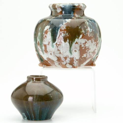 Appraisal: OWENS Two vessels a four-footed vase and a bulbous vase