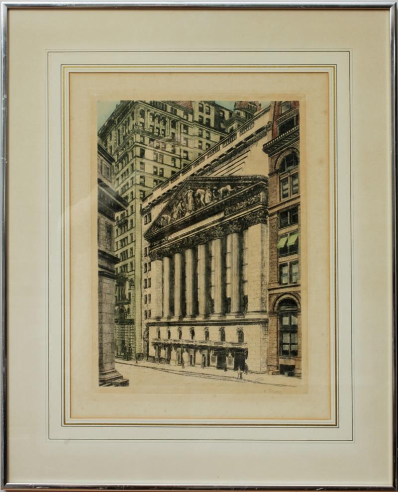 Appraisal: W Shaner N Y Stock Exchange Engraving with hand-coloring on