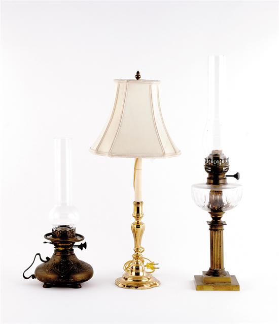 Appraisal: American brass oil lamps and table lamp columnar form oil