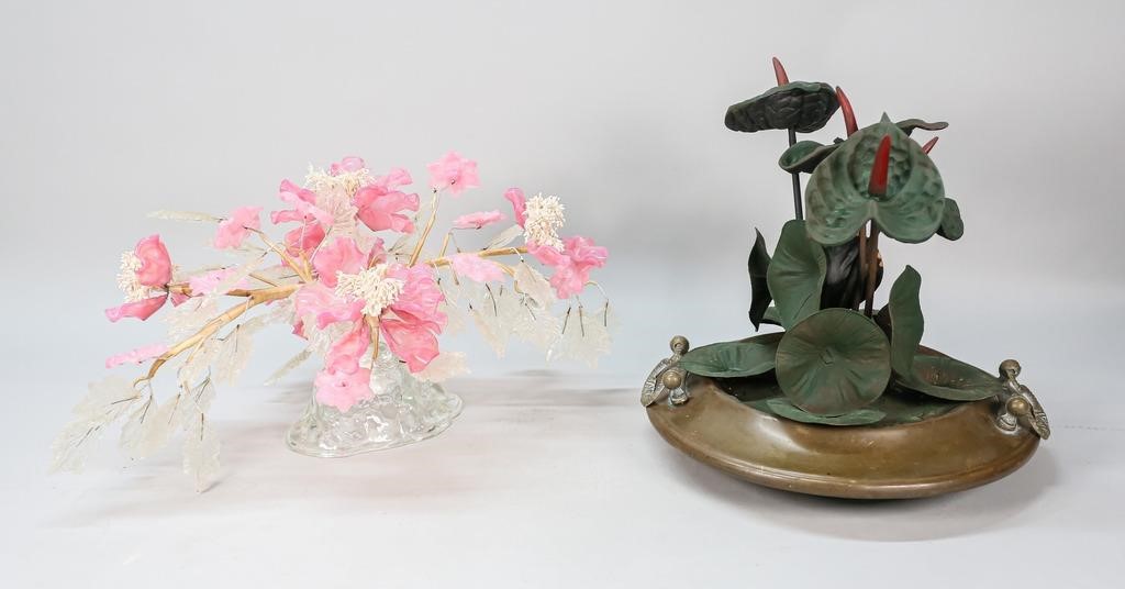 Appraisal: floral center pieces bronze dish with handle and painted metal