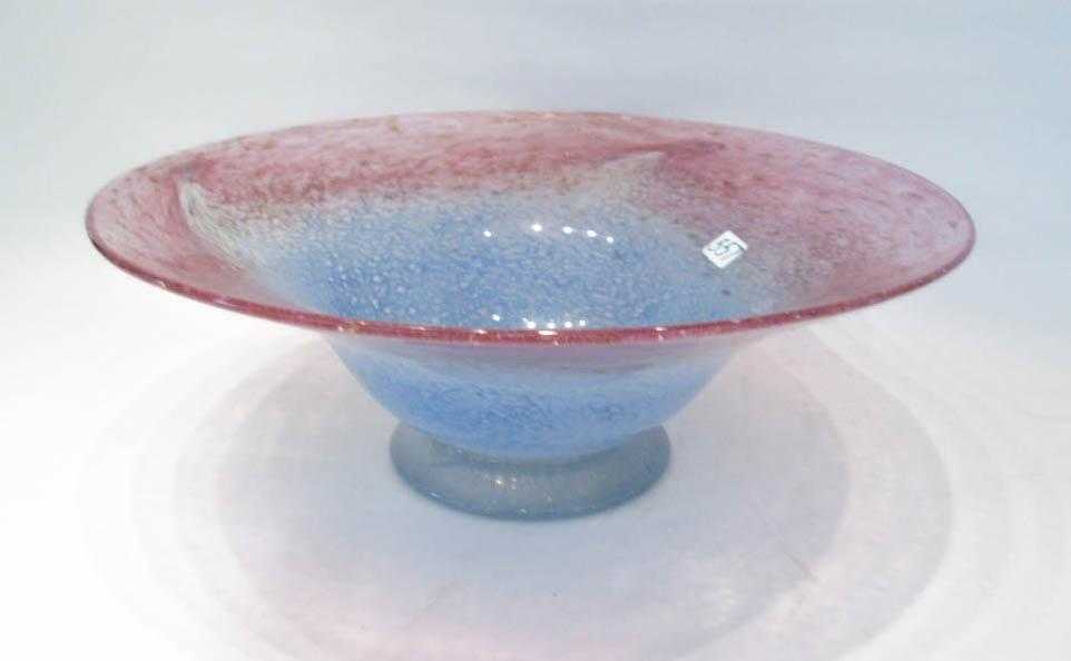 Appraisal: STUDIO ART GLASS FOOTED BOWL with pink and blue highlighted