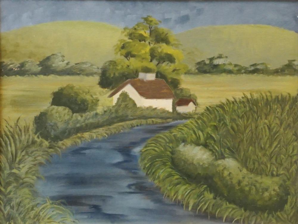 Appraisal: th Century School Riverside Landscape Oil on Canvasboard Frame x