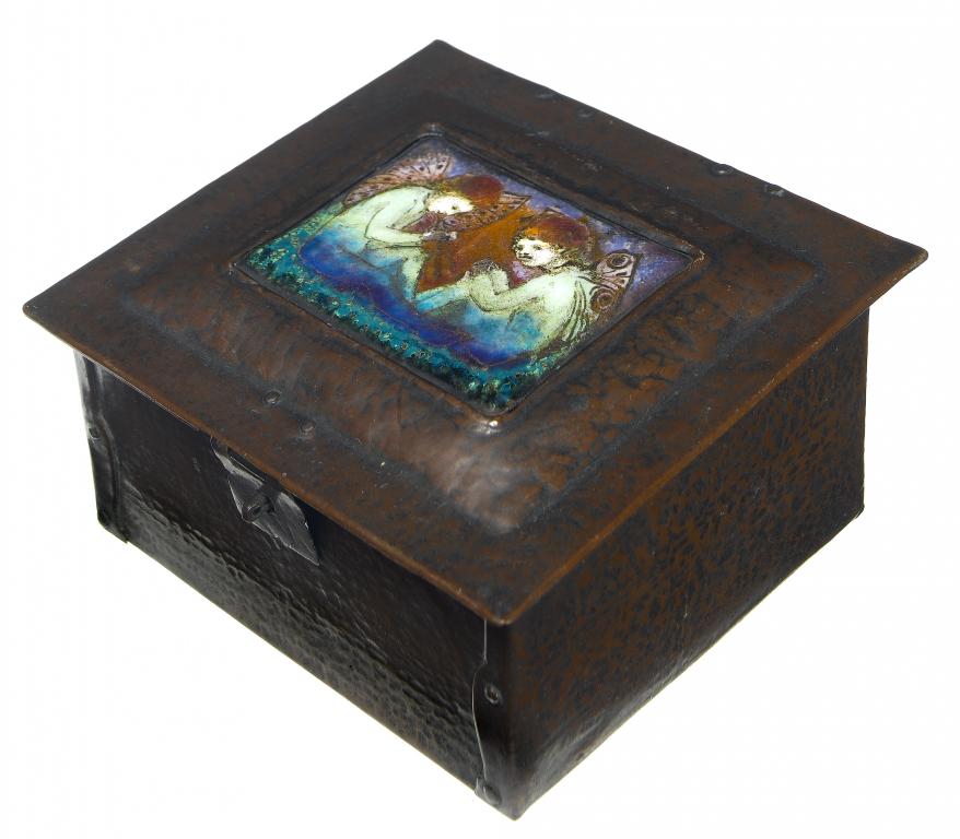 Appraisal: A COPPER BOX WITH PAINTED ENAMEL PLAQUE OF TWO ELVES