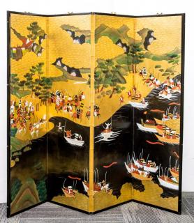 Appraisal: Japanese Folding Screen Hand Japanese screen of four folding panels