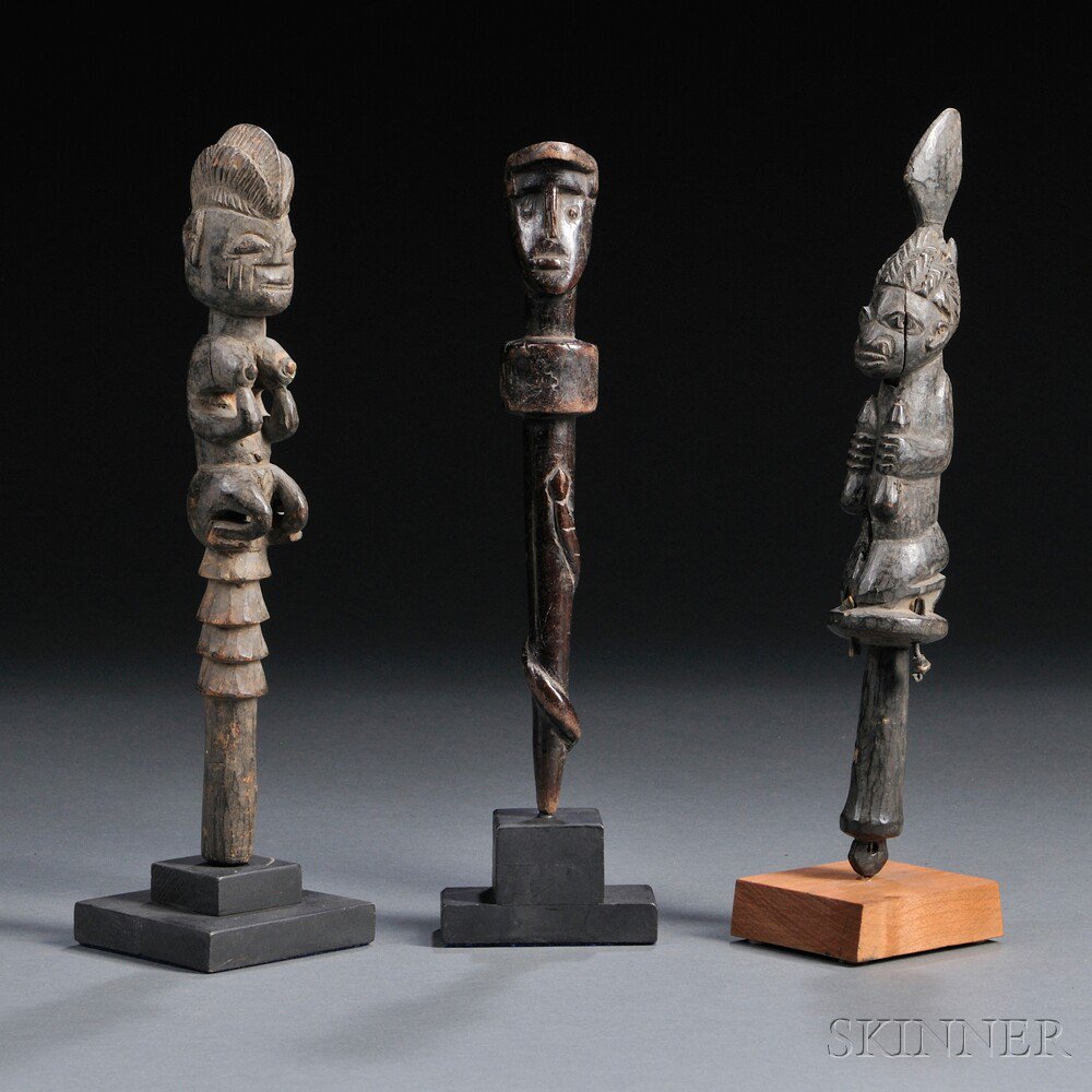 Appraisal: Three African Carved Wood Divination Staffs two from the Yoruba