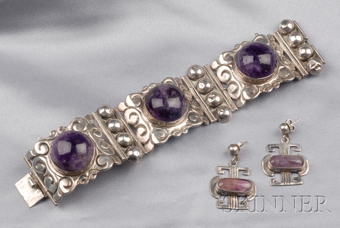 Appraisal: Sterling Silver and Amethyst Bracelet Horacio de la Parra Mexico