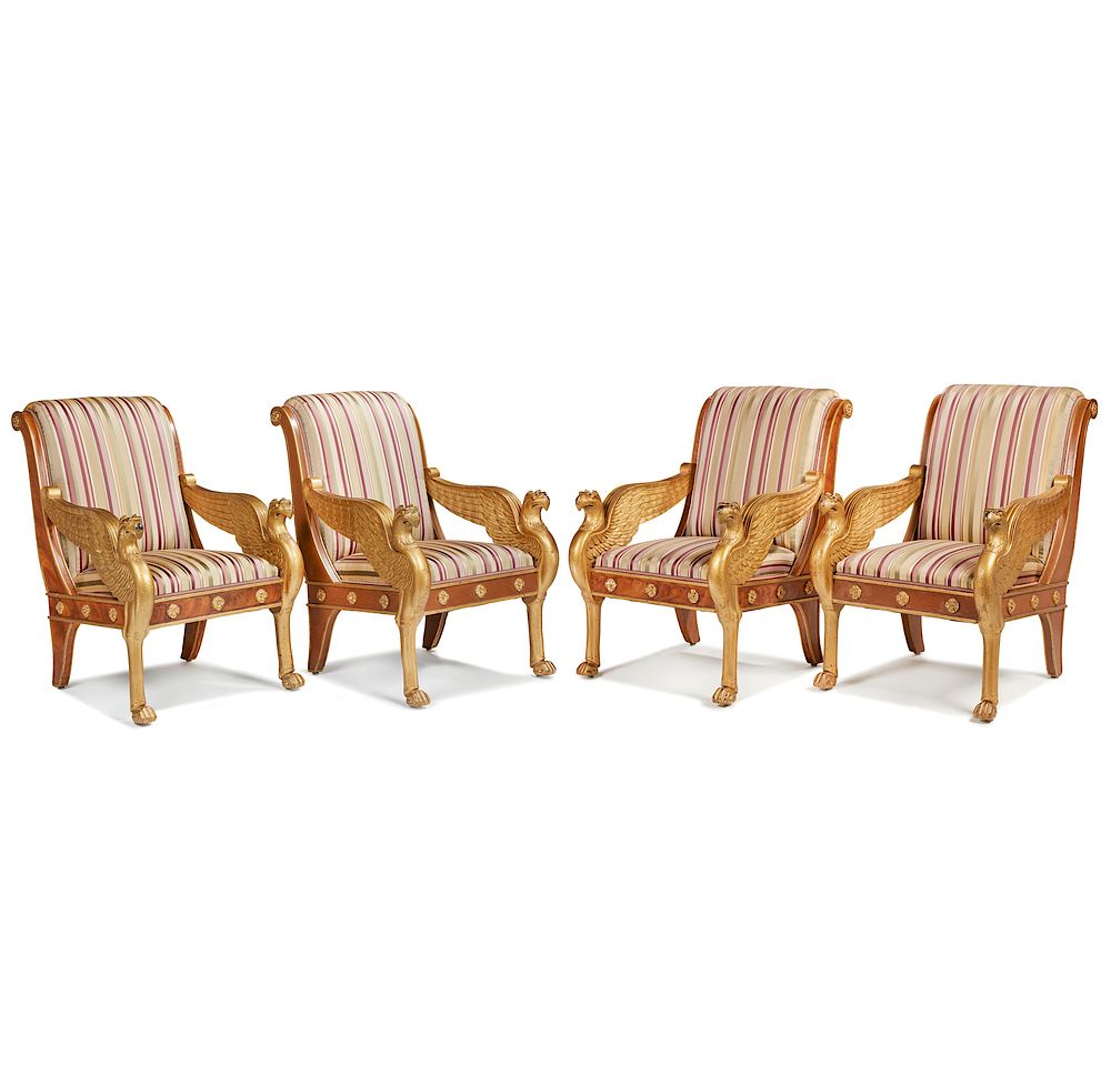 Appraisal: Four Regency Style Armchairs Four Regency style armchairs with carved