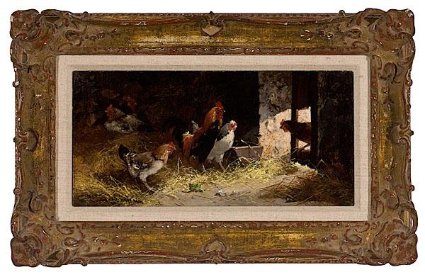 Appraisal: BARNYARD SCENE WITH CHICKENS ATTRIBUTED TO J LUCIEN oil on