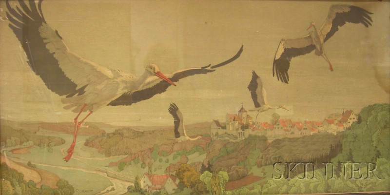 Appraisal: Framed th Century German School Lithograph of Storks signed G