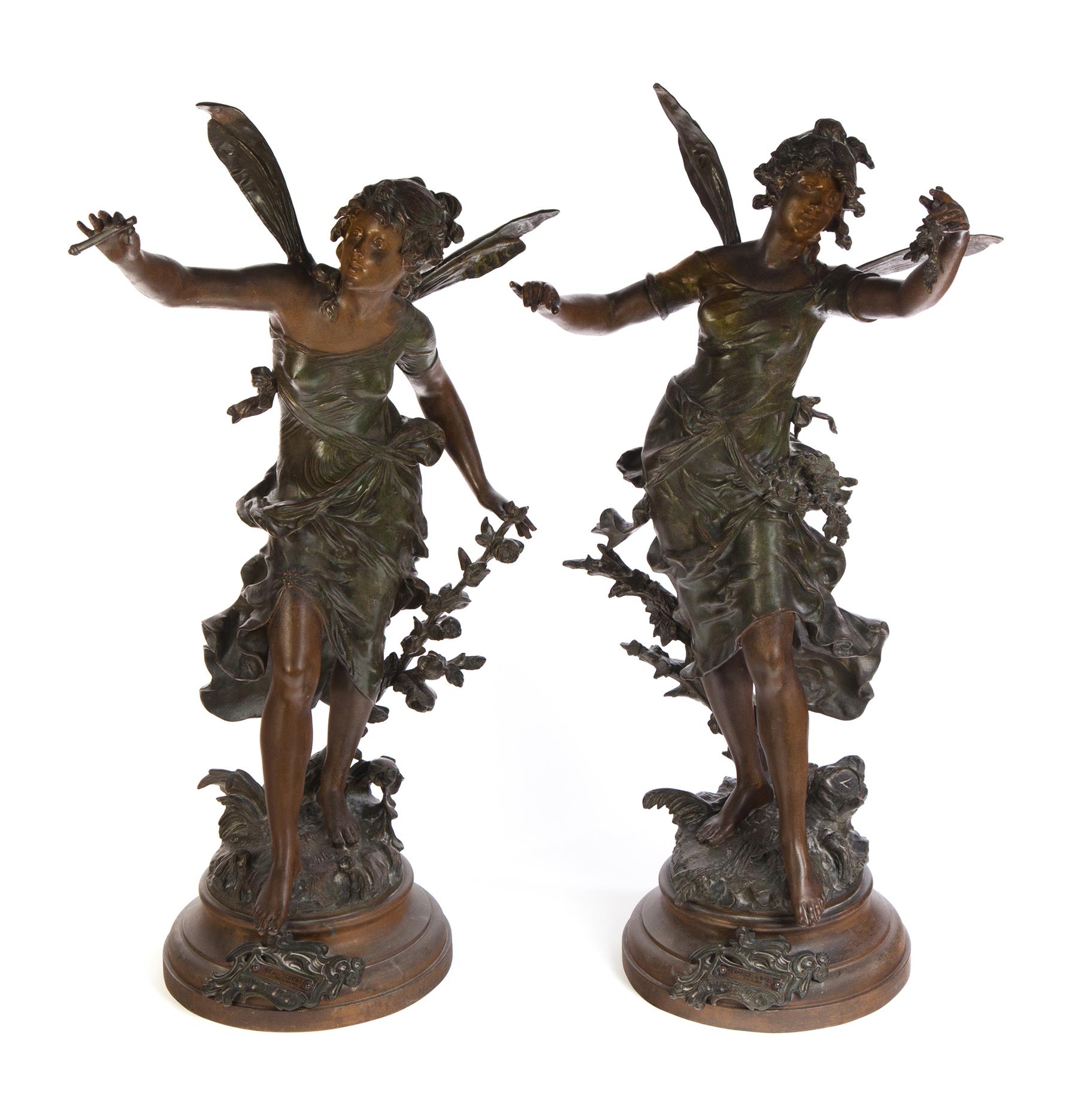 Appraisal: TWO LARGE SPELTER ART NOUVEAU FIGURES AFTER LOUIS MOREAU France