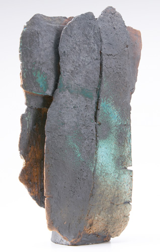 Appraisal: RUTH DUCKWORTH Sculptural stoneware vessel of combed slabs with verdigris