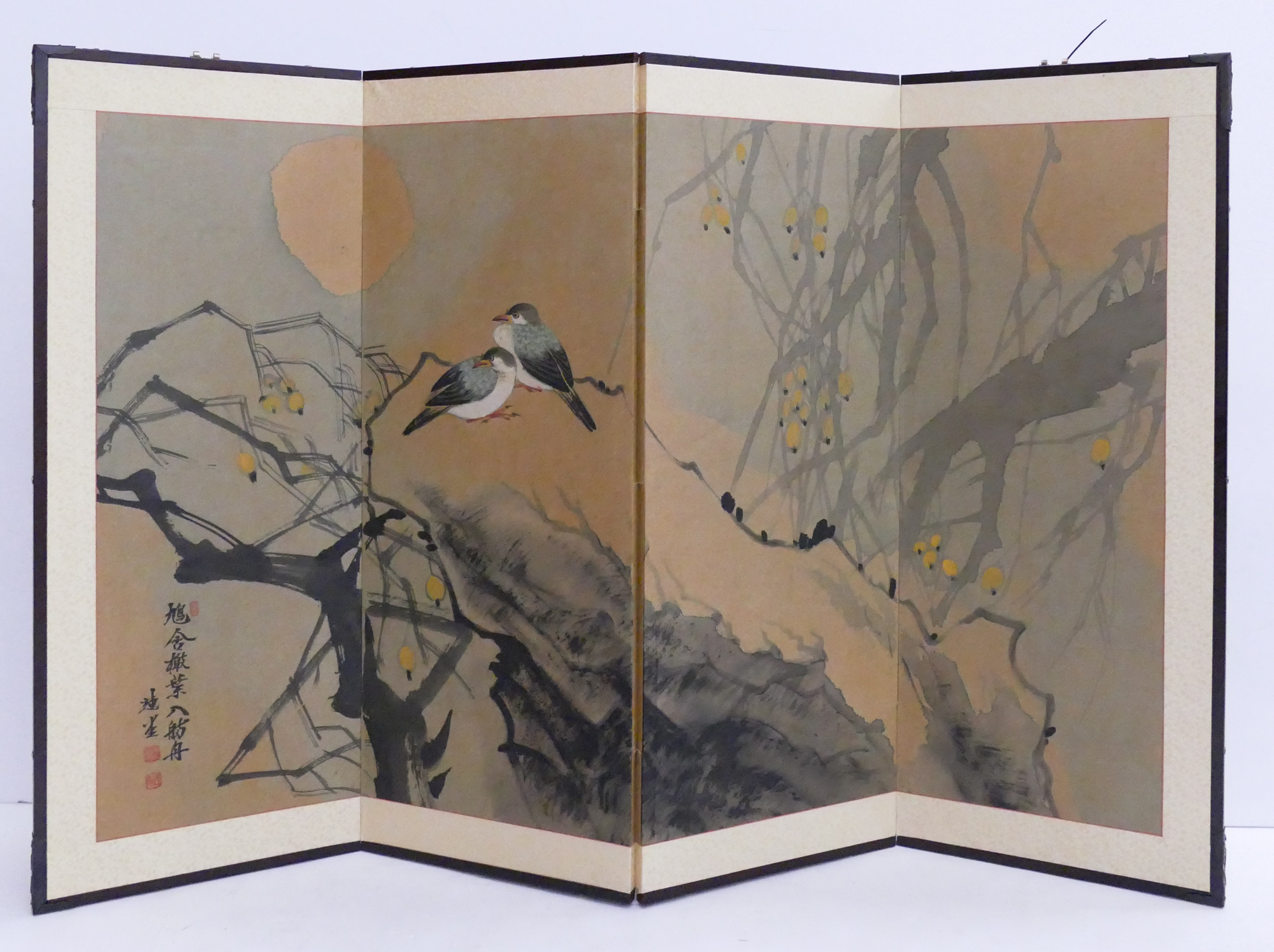 Appraisal: Japanese Painted Panel Screen- Plum Branches with Birds- x ''