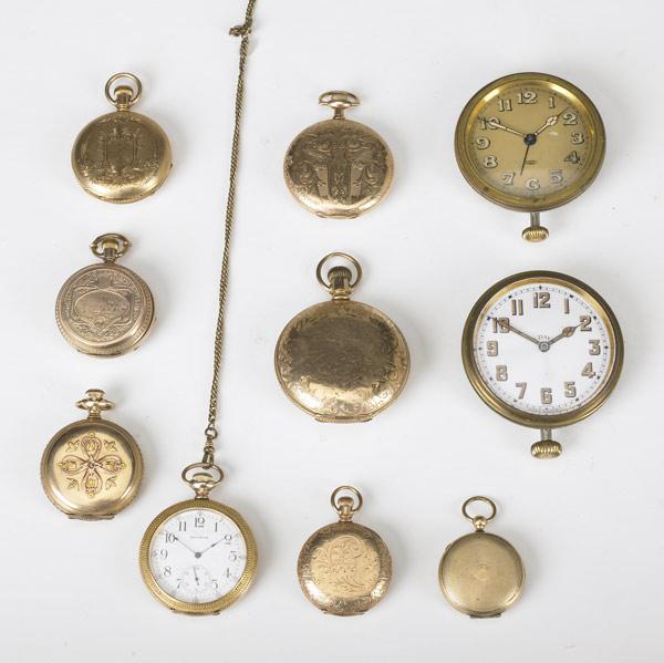 Appraisal: POCKETWATCHES AUTOMOBILE WATCHES AND FAUX MONTRE Ten pieces in GF