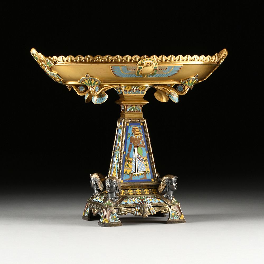 Appraisal: A PHILADELPHIA EXHIBITION EGYPTIAN REVIVAL GILT ELECTROPLATED AND CHAMPLEV ENAMELED