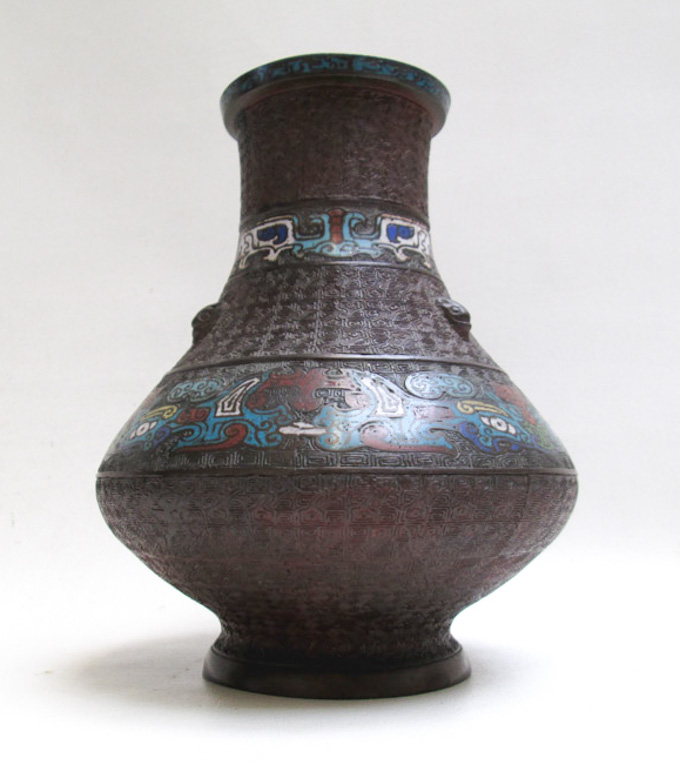 Appraisal: CHINESE BRONZE QING CLOISONNE VASE having flared form with banded