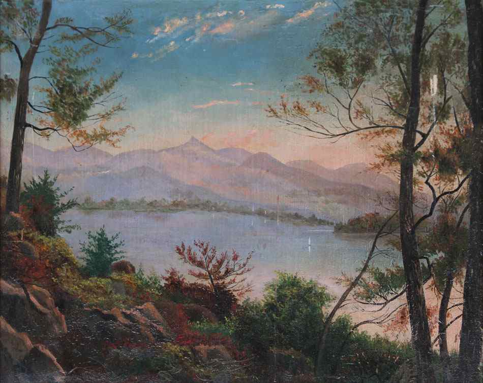 Appraisal: AMERICAN SCHOOL LAKESIDE SCENE WITH MOUNTAINS IN THE DISTANCE Oil