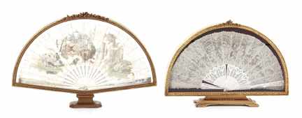 Appraisal: Shadowbox framed Continental fans second half th century pierced-carved mother-of-pearl