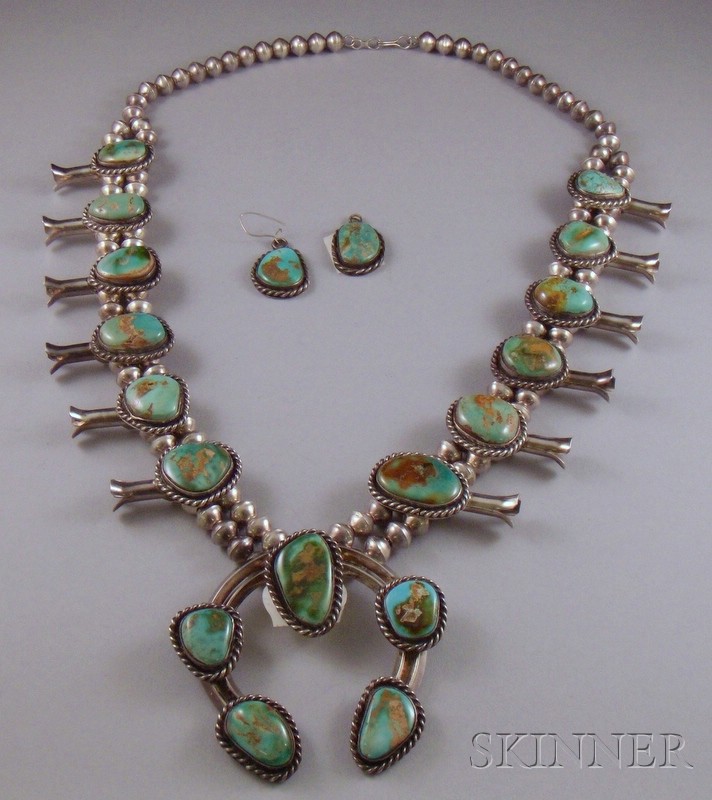 Appraisal: Southwestern Silver and Turquoise Squash Blossom Necklace and Earrings