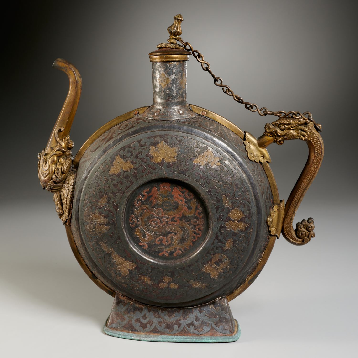 Appraisal: HIMALAYAN DAMASCENED IRON MOON FLASK EWER Possibly th th c