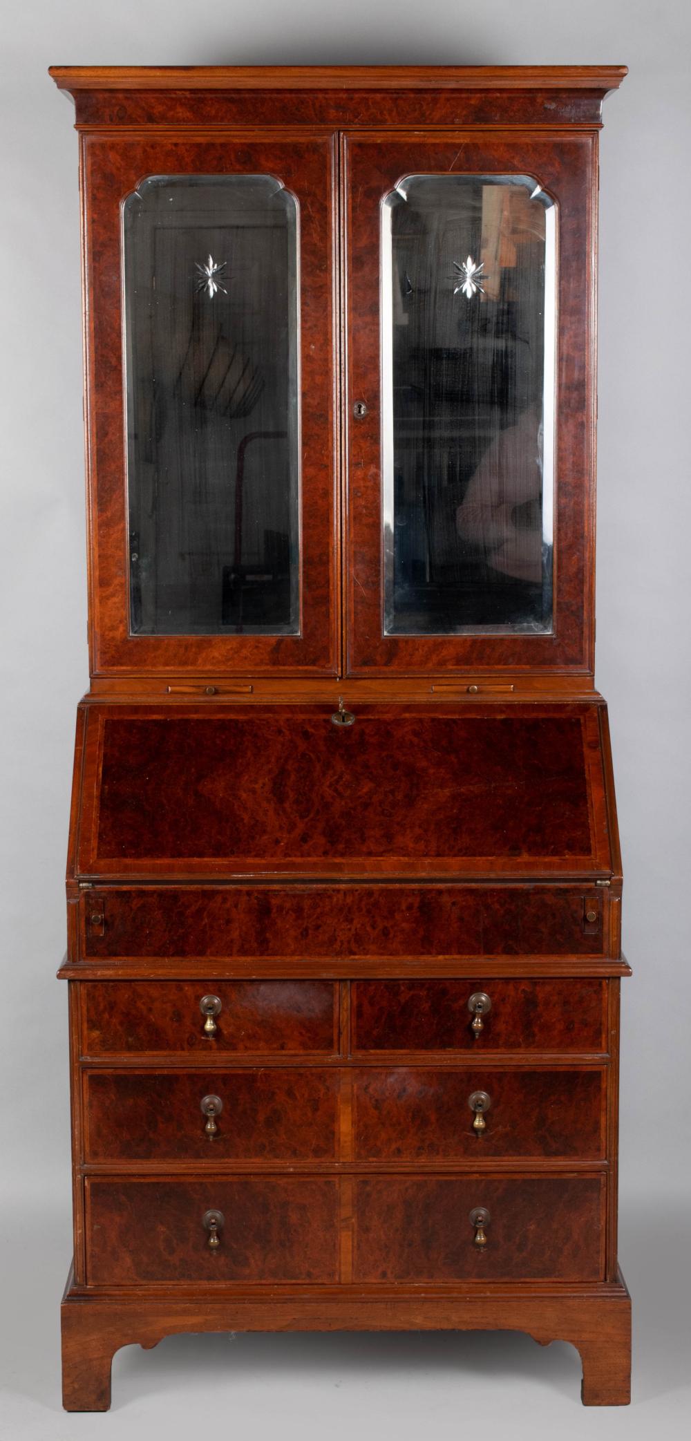 Appraisal: GEORGE II STYLE BURL WALNUT SLANT FRONT BUREAU BOOKCASE the