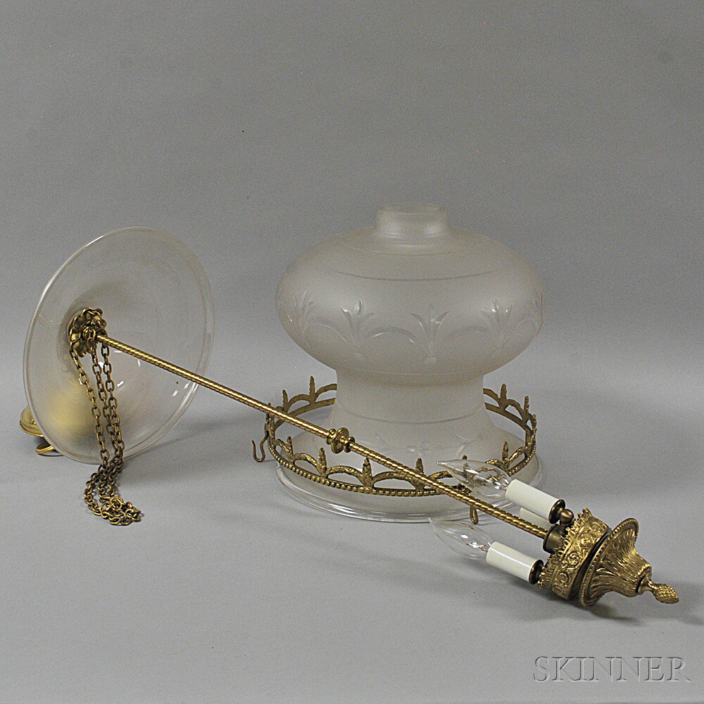 Appraisal: Frosted and Etched Glass and Gilt-brass Hanging Light Fixture approx