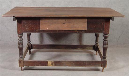 Appraisal: Walnut Stretcher Base Table Single drawer below pin top turned