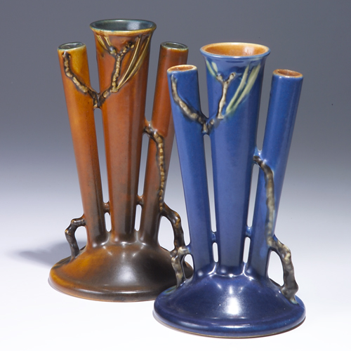 Appraisal: Two ROSEVILLE triple bud vases - in brown and blue