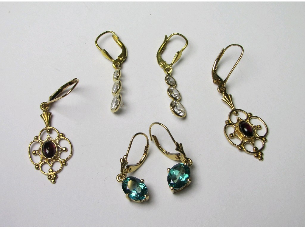 Appraisal: Three pairs of ct gold gem set drop earrings