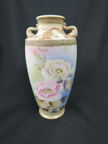 Appraisal: Nippon Handpainted Porcelain Vase floral Art Deco trim handled signed