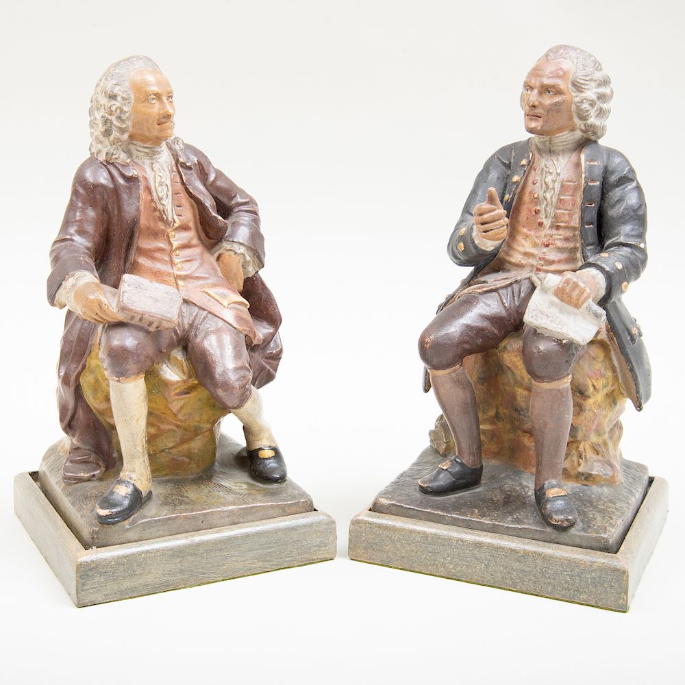 Appraisal: Pair of Painted Plaster Figures of Voltaire and Rousseau Signed