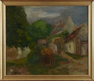 Appraisal: Adolphe Feder - Barnyard with Hay Wagon th c oil