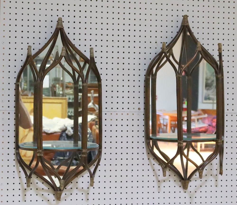 Appraisal: Pair Bamboo McGuire Signed Mirrored Sconces Mirrored back with glass