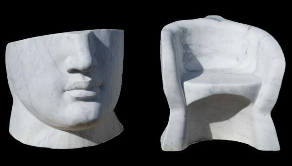 Appraisal: pair Modernist carved marble face chairs one with loss at