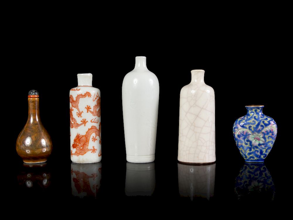 Appraisal: Five Chinese Porcelain Snuff Bottles Largest height in cm Five