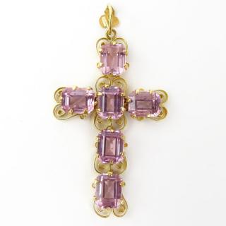 Appraisal: Karat Yellow Gold and Pink Stone Cross Pendant Stamped K