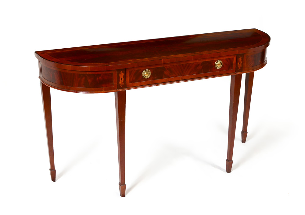 Appraisal: HERMAN HEPPLEWHITE STYLE SIDE TABLE Flame grain mahogany with banded