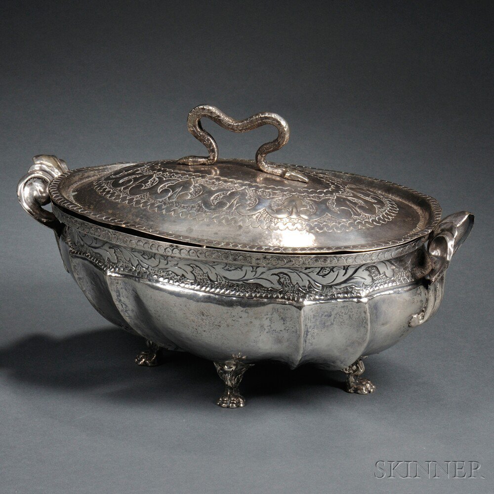 Appraisal: South American Silver Covered Tureen th century with a snake