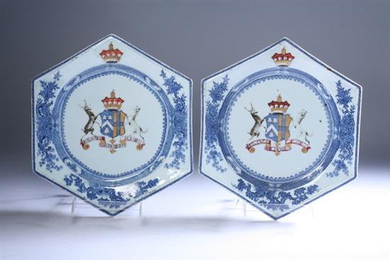 Appraisal: PAIR IMPORTANT CHINESE EXPORT ARMORIAL PORCELAIN HEXAGONAL CHARGERS Yongzheng period