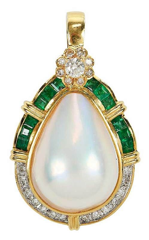 Appraisal: kt Diamond Emerald and Pearl Pendant hinged bail mabe pearl