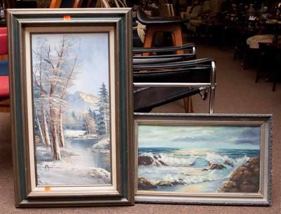 Appraisal: Two oil on canvas paintings depicting a winter forest scene