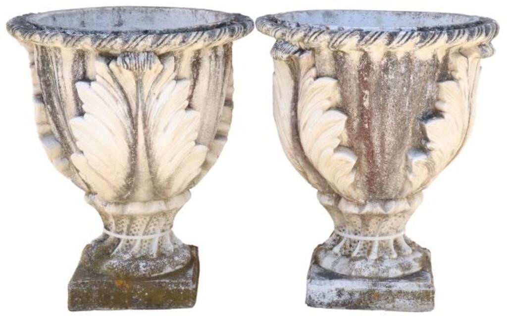 Appraisal: pair Cast stone garden urns having twisted ribbon rim acanthus