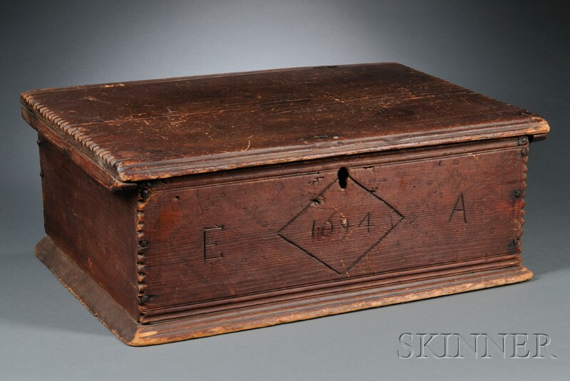 Appraisal: Carved and Red-stained Pine Box probably Massachusetts late th century