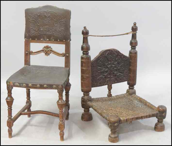 Appraisal: EMBOSSED LEATHER SIDE CHAIR Together with a carved mahogany and