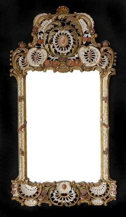 Appraisal: CONTINENTAL ROCOCO CARVED PAINTED AND PARCEL-GILT MIRROR The frame with