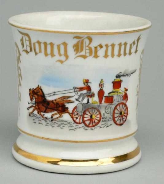 Appraisal: Horse-Drawn Fire Pumper Shaving Mug Gilded Doug Bennet Germany stamp