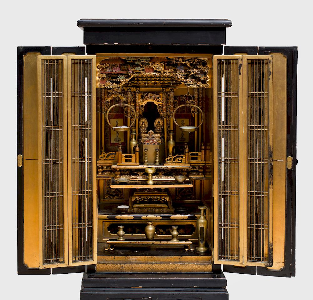 Appraisal: Japanese Meiji Brass-Mounted Black Lacquer and Parcel-Gilt Shrine Opening behind