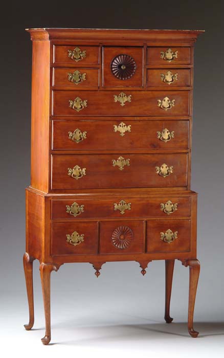 Appraisal: FINE TWO PIECE QUEEN ANNE SUNBURST CARVED CHERRY HIGHBOY Top