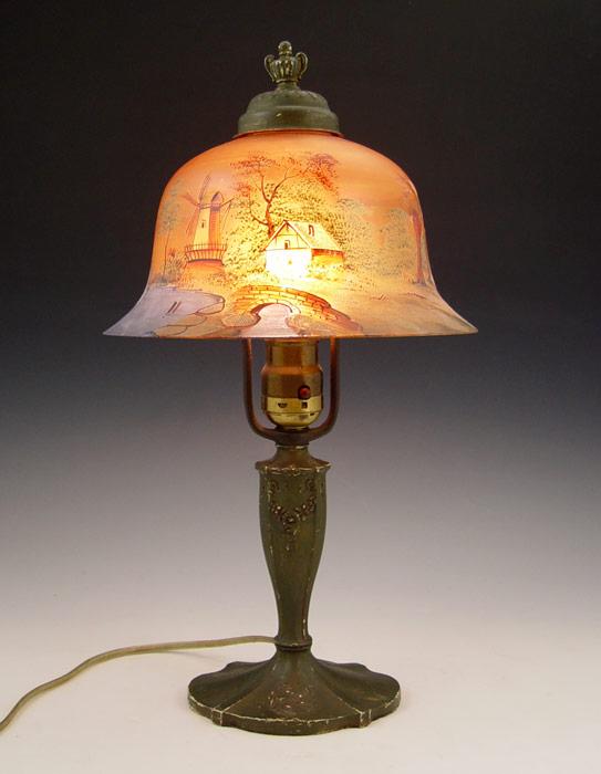 Appraisal: VINTAGE HAND PAINTED SHADE BOUDOIR LAMP Patinated spelter base Glass