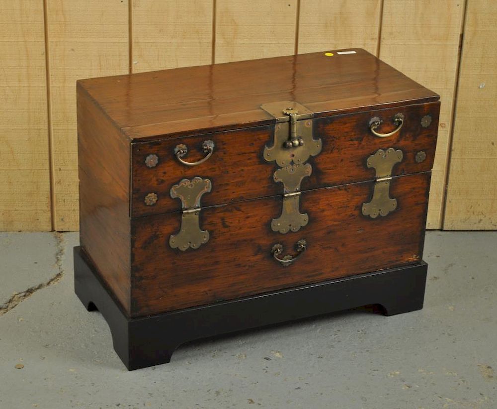 Appraisal: Asian Brass Mounted Low Chest with drop down front on